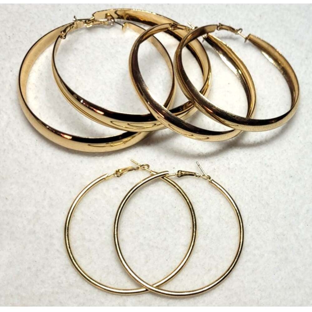 Classic Goldtone Large 2"-3" Round Hoop Pierced Earrings 3 Pairs Statement Retro